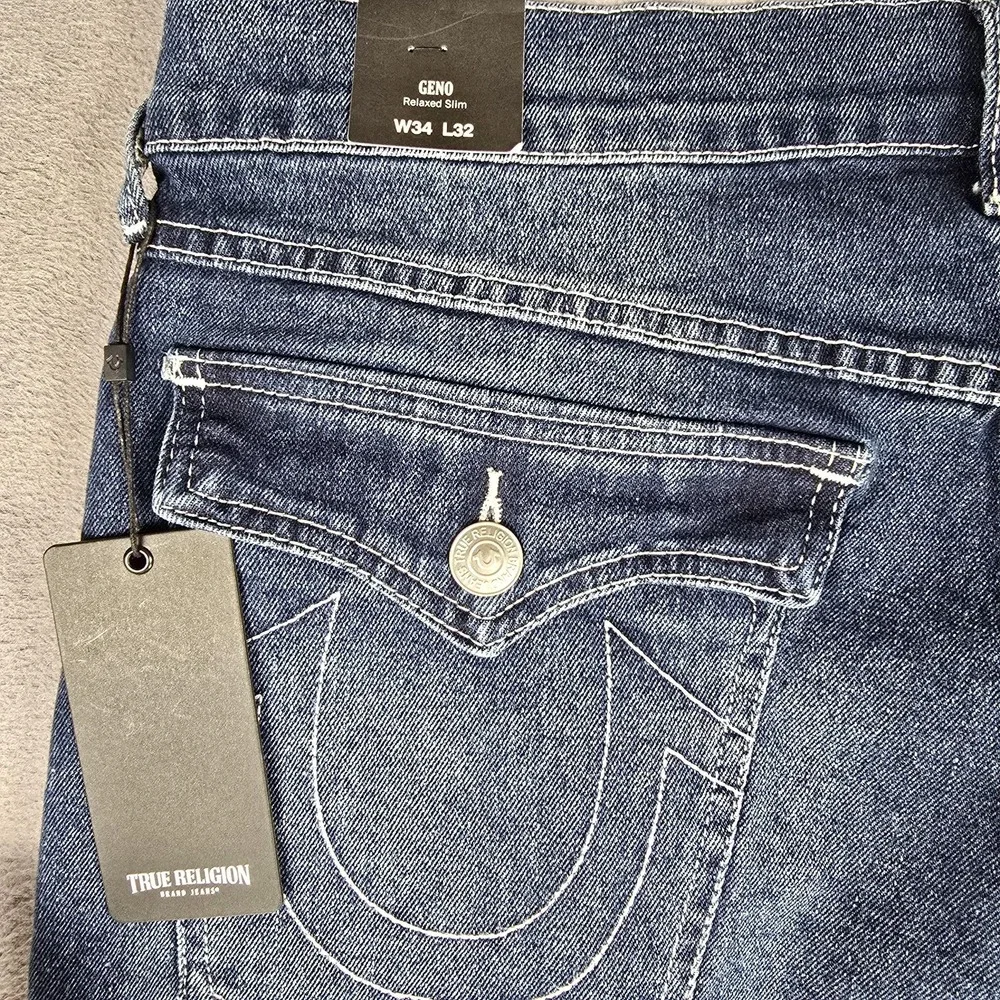 True Religion Geno SN Flap Jeans Mens 34x31 Blue Relaxed Slim Dark Stretch Denim
